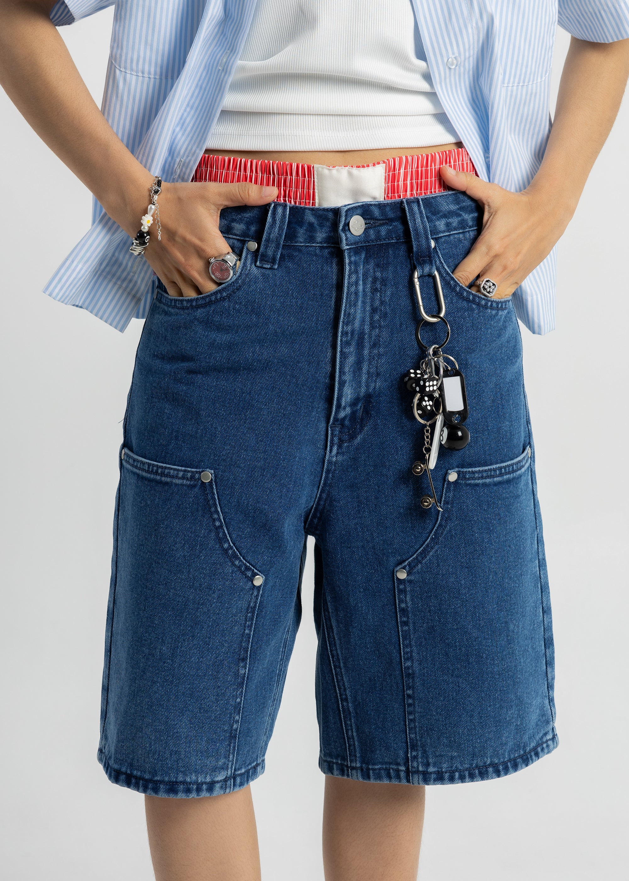 S105: Washed Denim Carabiner Shorts (Deep Blue)