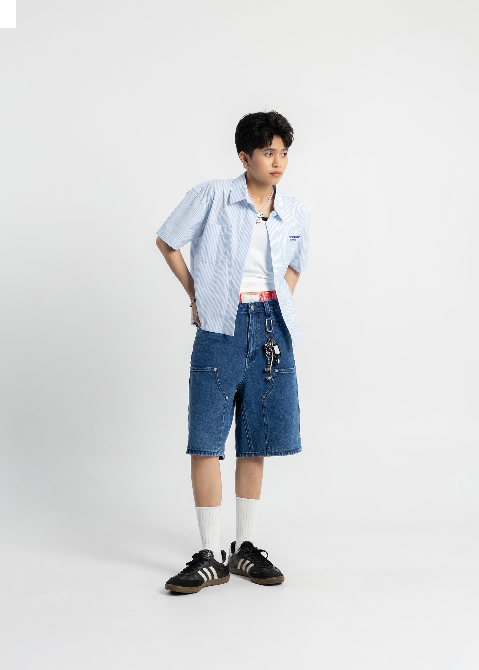 S105: Washed Denim Carabiner Shorts (Deep Blue)