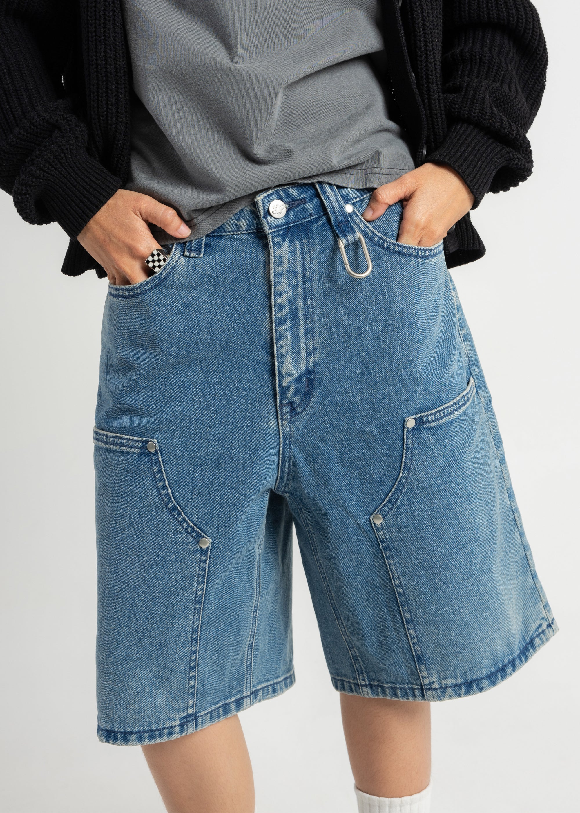 S106: Washed Denim Carabiner Shorts (Light Blue)
