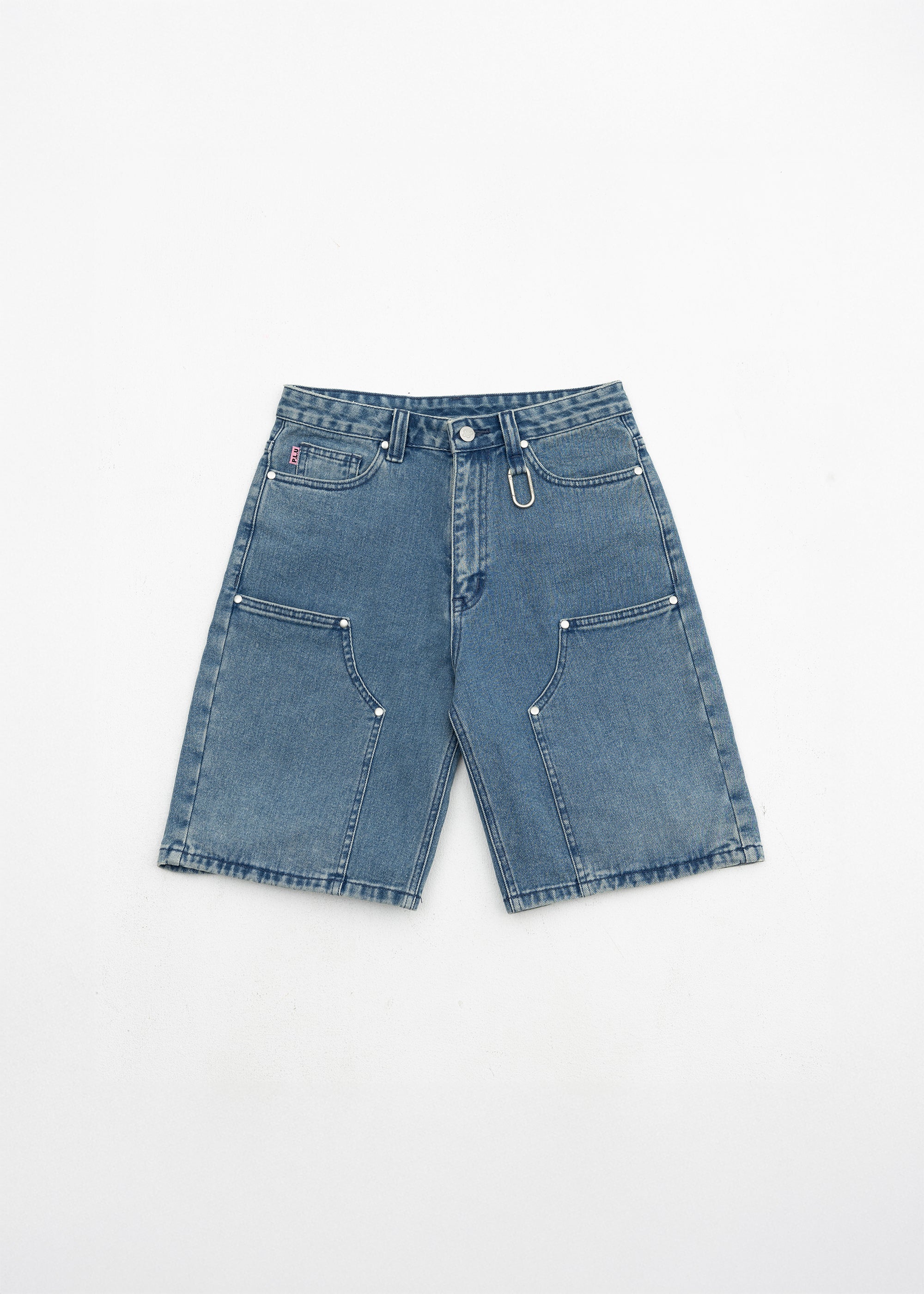 S106: Washed Denim Carabiner Shorts (Light Blue)