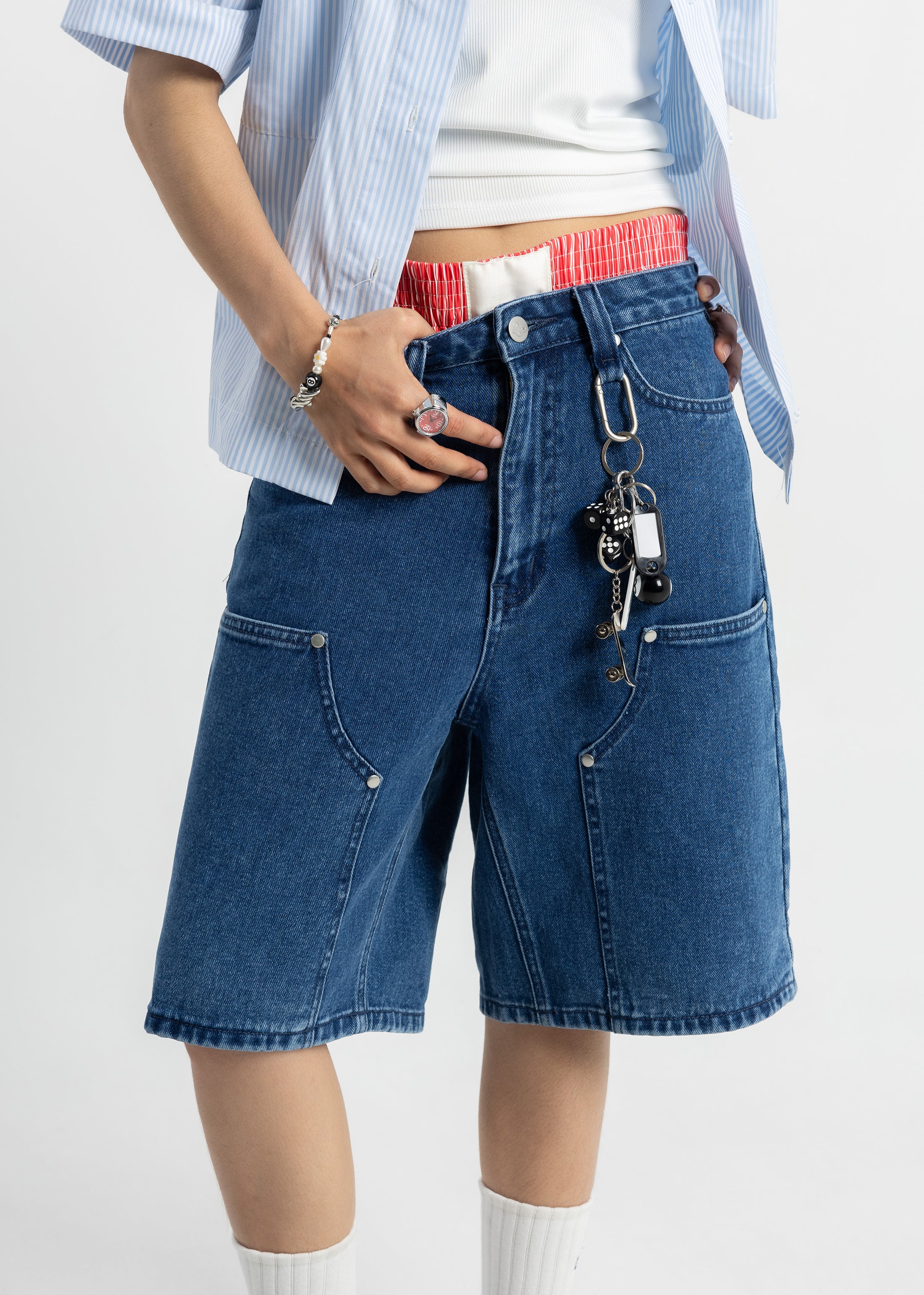 S105: Washed Denim Carabiner Shorts (Deep Blue)