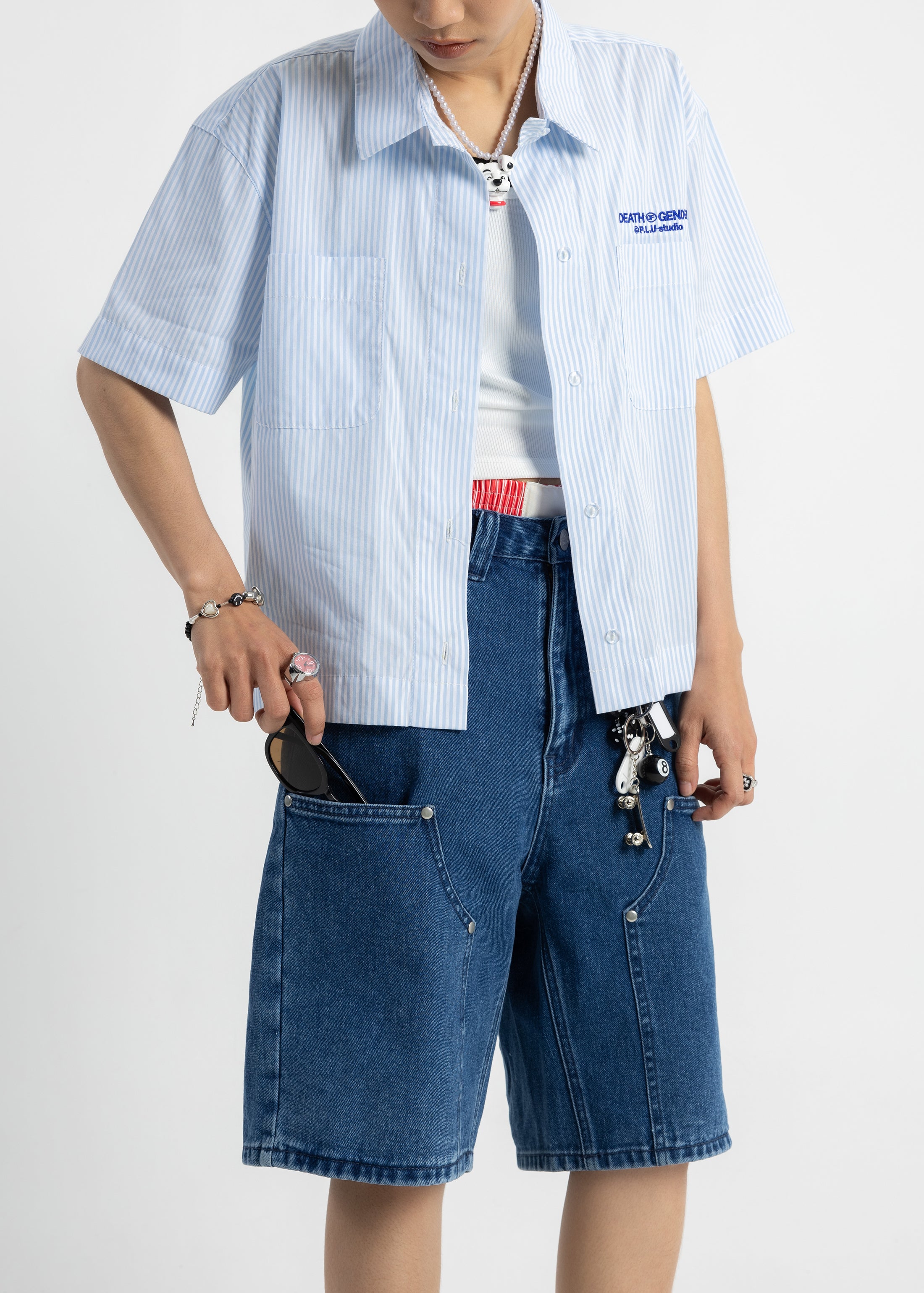S105: Washed Denim Carabiner Shorts (Deep Blue)