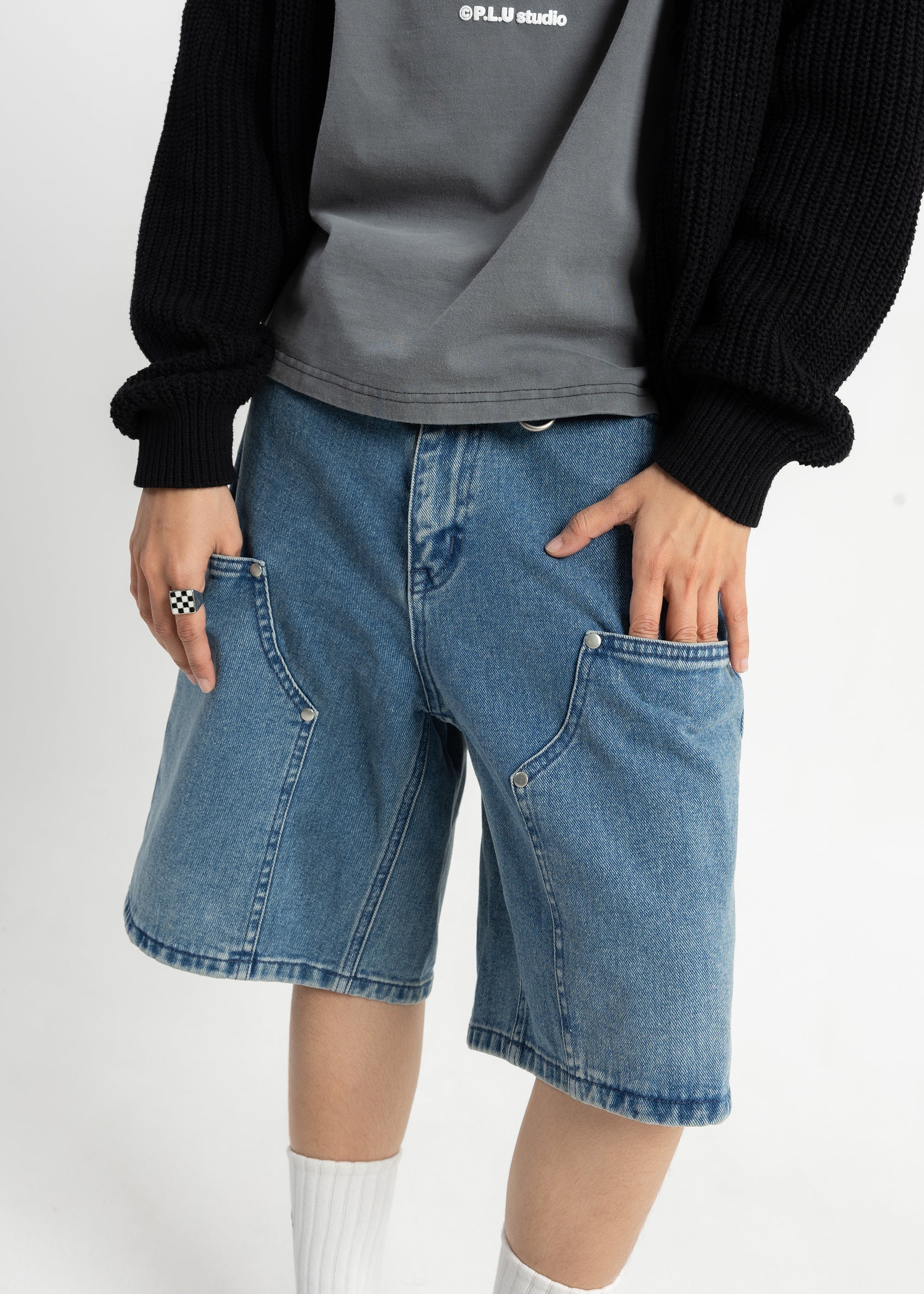 S106: Washed Denim Carabiner Shorts (Light Blue)