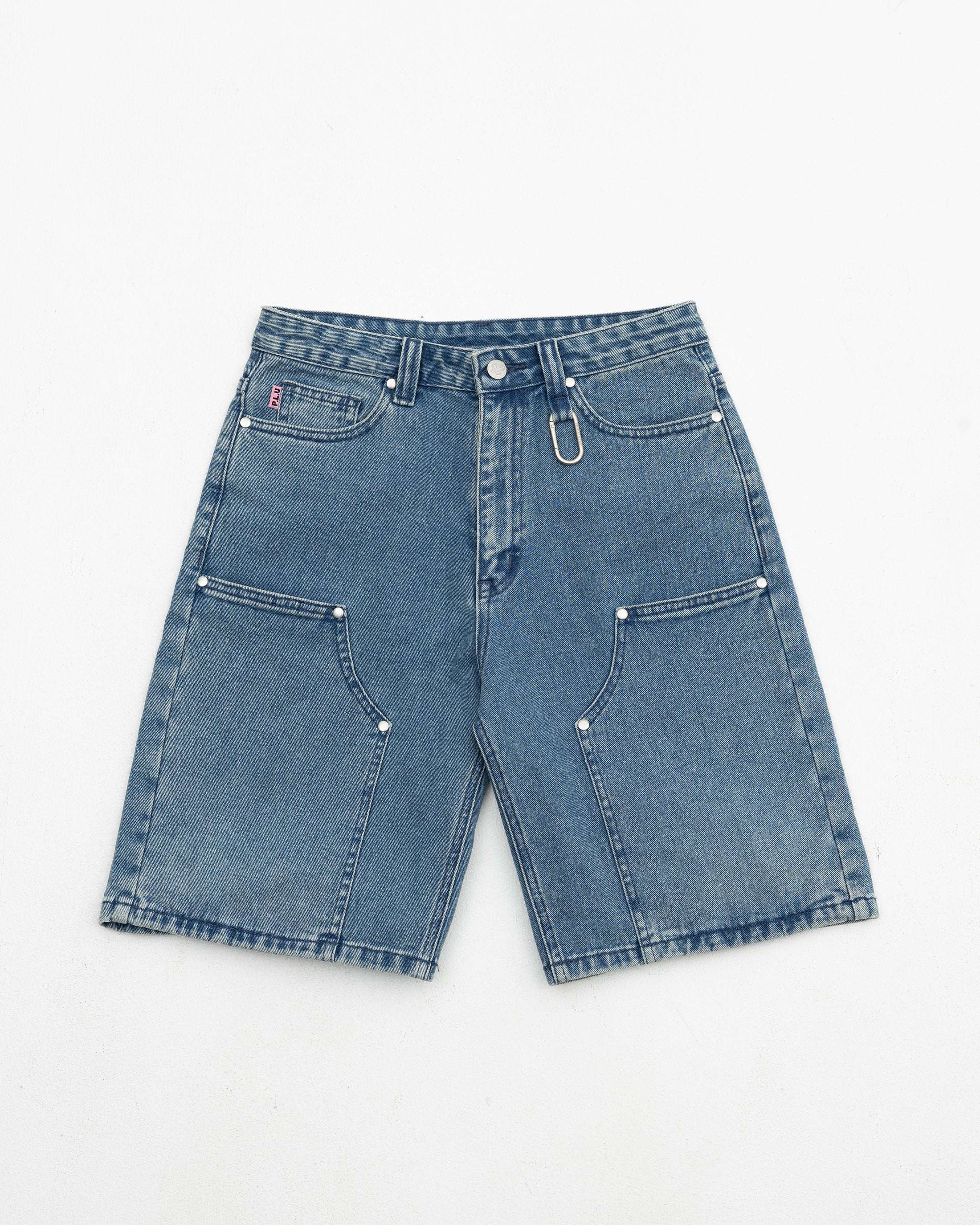 S106: Washed Denim Carabiner Shorts (Light Blue)